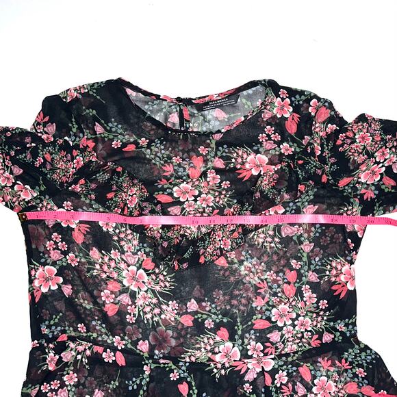 Zara Black Pink Floral Sheer Ruffle Long Sleeve Peplum Top Size Large - Picture 11 of 13